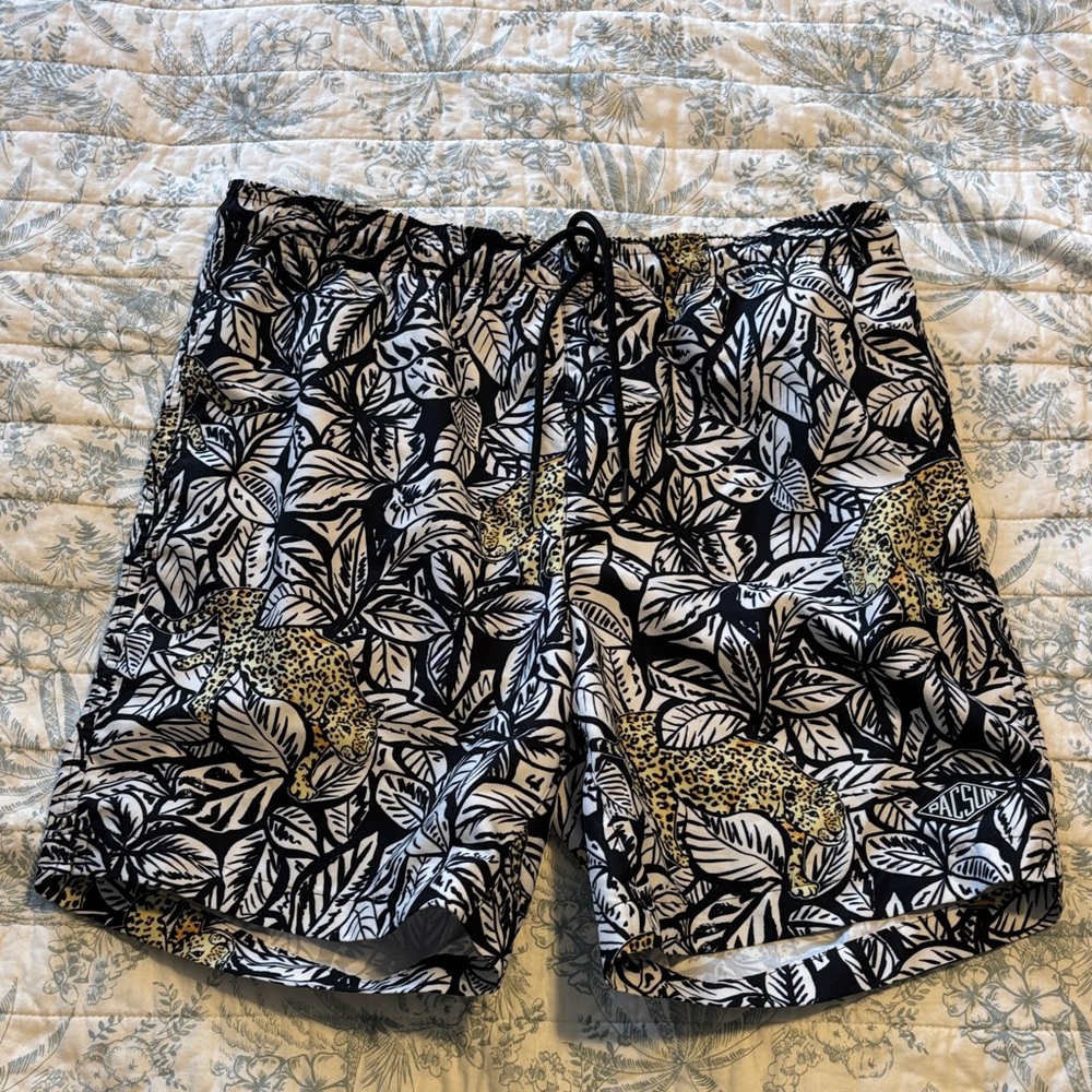 PACSUN Men's Black & White Leopard Leaf Swim Trunks SZ S